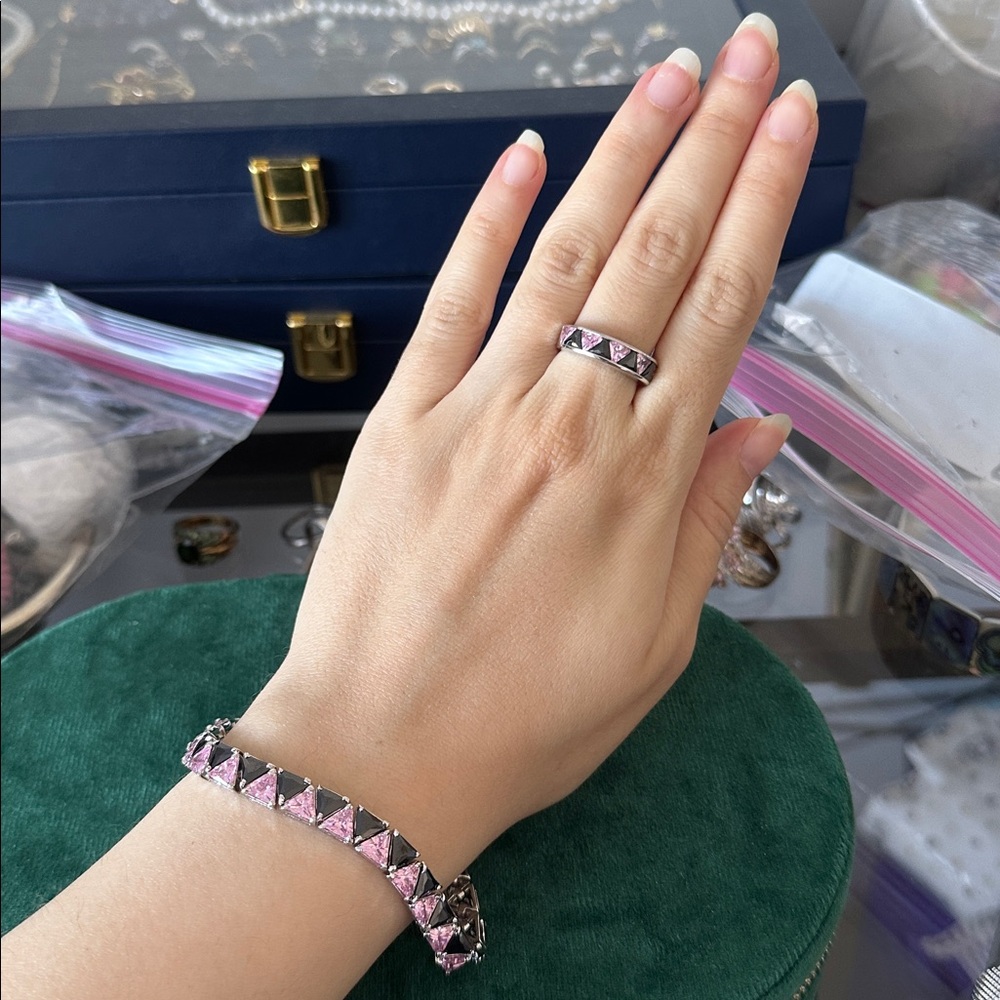 925 Ring And Bracelet with safety clasp Set pink cz and hematite crystals